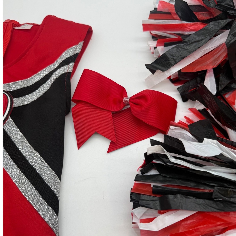 Spirit Halloween Cheerleader Costume Girls Medium 8-10 Red Black Dress Pom Poms - Picture 3 of 16